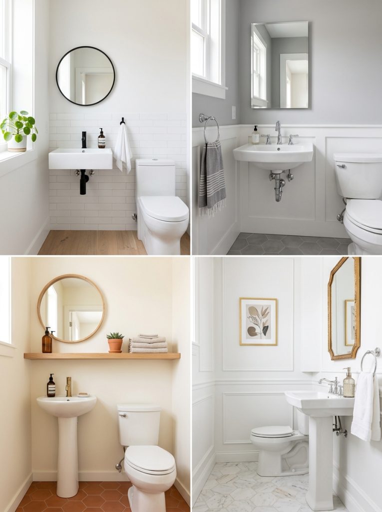 Collage of four minimalist half bathroom decor ideas in calm beautiful styles.