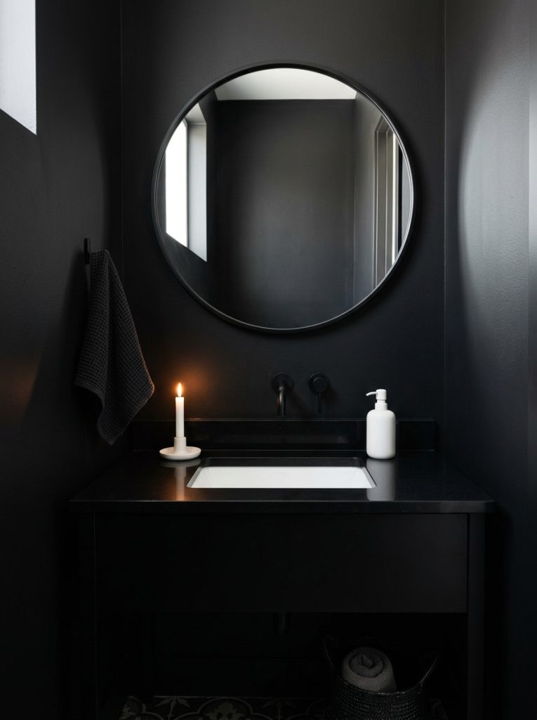 Minimalist black half bathroom with matte black walls slim black mirror white sink white ceramic dispenser and candle