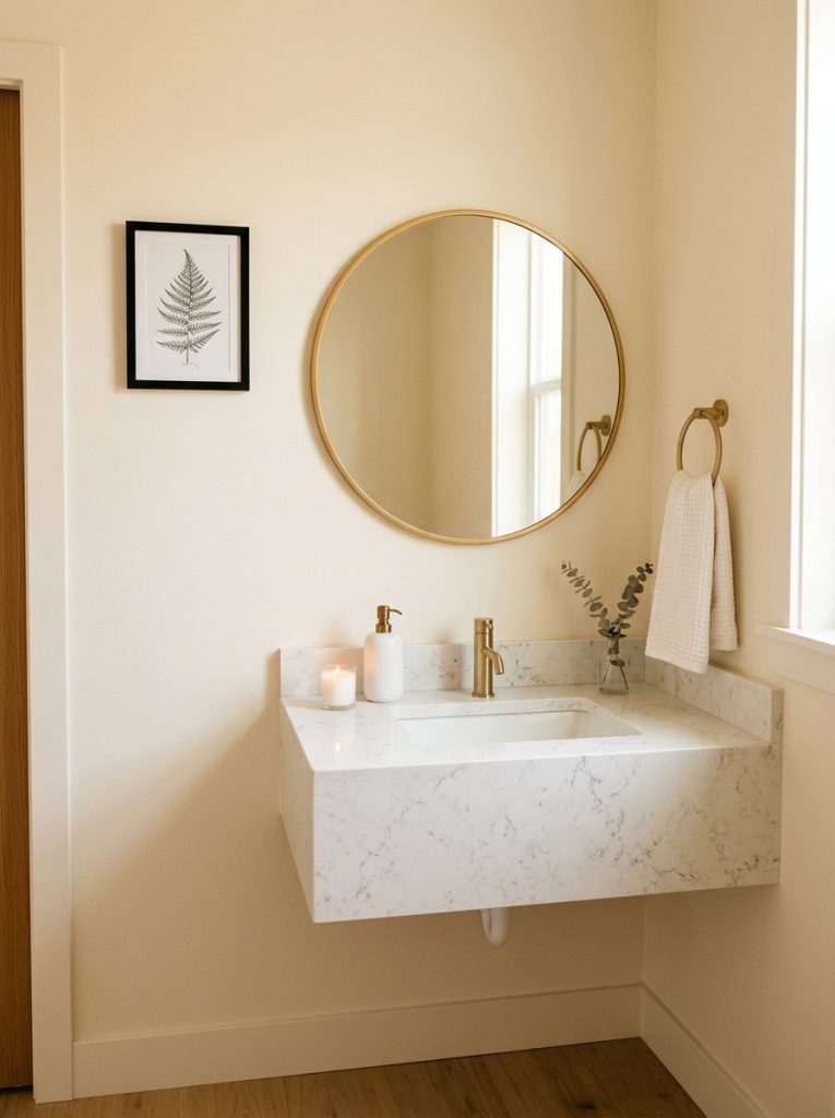 Minimalist aesthetic half bathroom with cream walls gold mirror white ceramic dispenser botanical print and candle