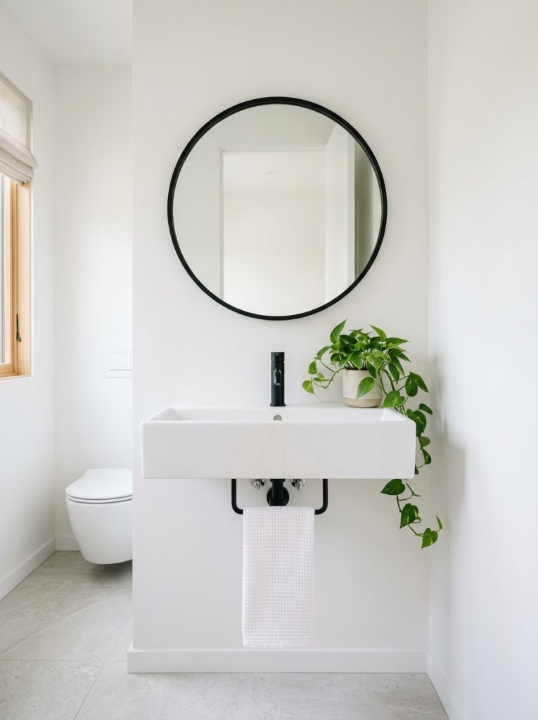 Modern minimalist half bathroom with white walls round black mirror wall mounted sink black faucet and trailing plant