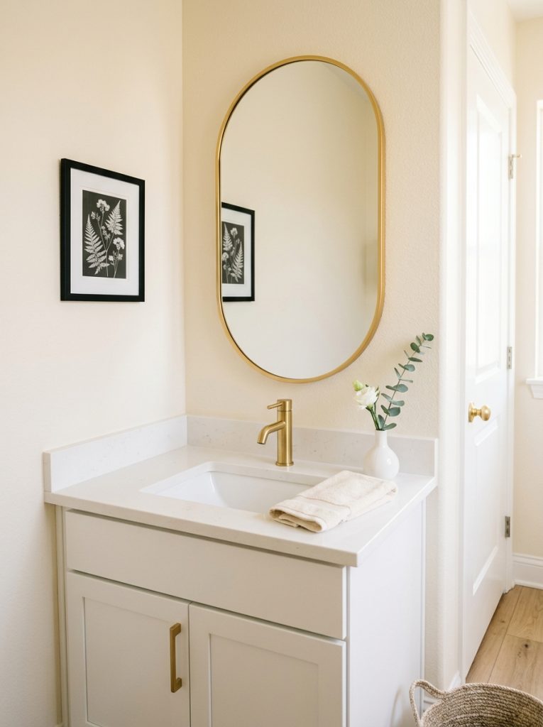 Minimalist elegant half bathroom with ivory walls gold oval mirror botanical art print cream towel and white bud vase