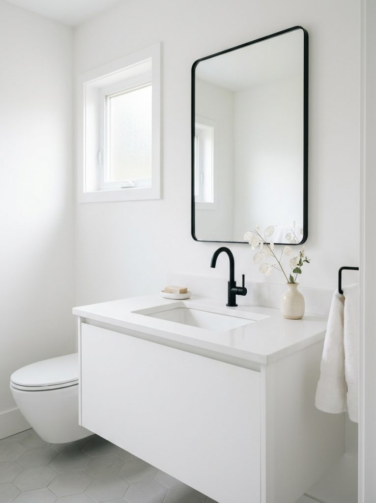Minimalist half bathroom with white walls thin mirror ceramic vase and simple sink