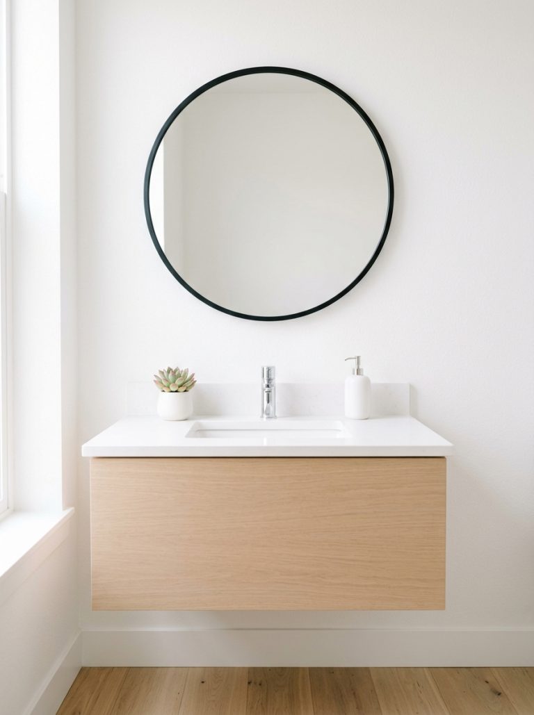 Minimalist half bathroom with white walls black mirror white ceramic set and small succulent