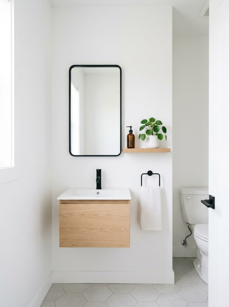 Small minimalist half bathroom with white walls thin mirror narrow shelf small plant and soap dispenser