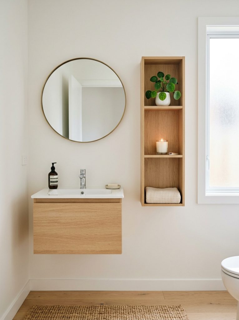 Minimalist half bathroom with white walls narrow shelf plant candle folded towel round mirror and natural light