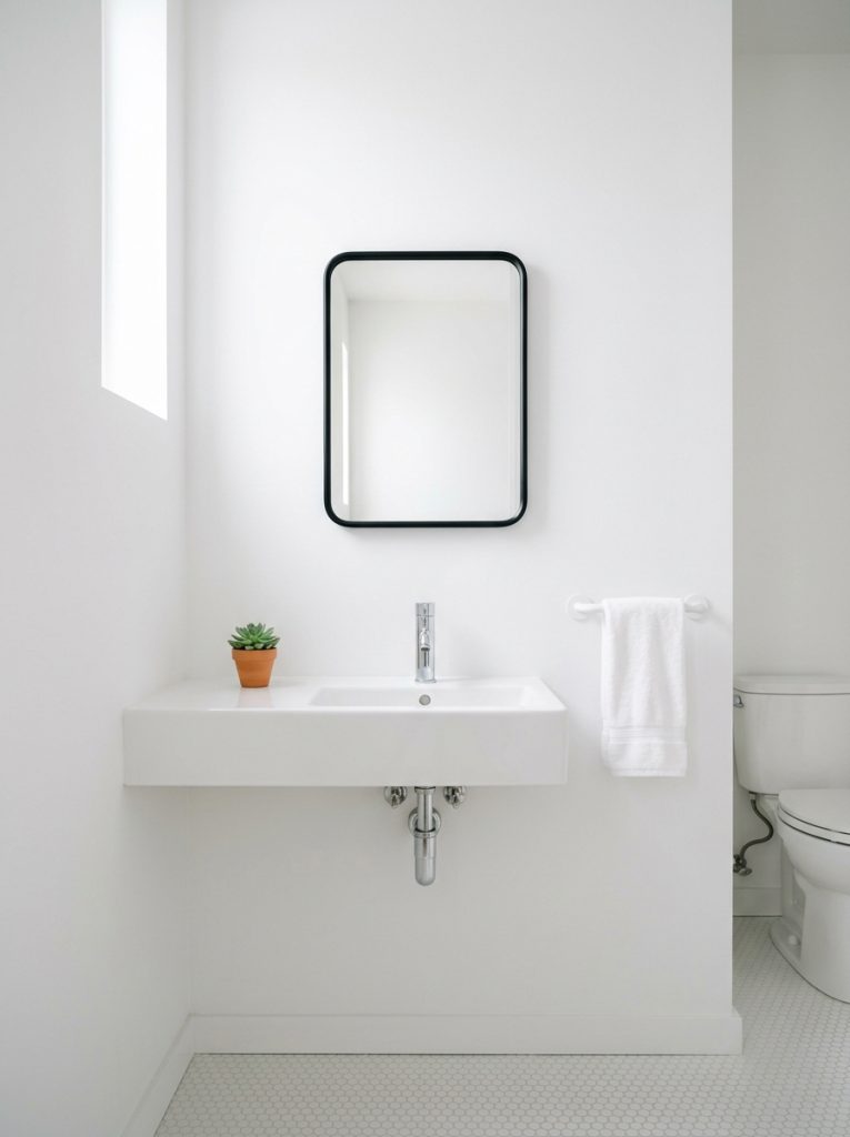 Minimalist white half bathroom with all white walls sink counter towel bar black mirror and tiny green succulent