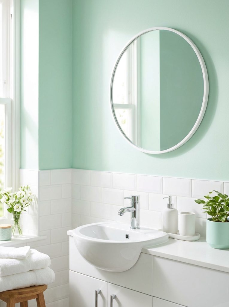  Mint green bathroom aesthetic with mint walls white subway tile white mirror chrome faucet minimalist ceramic set and mint plant pot