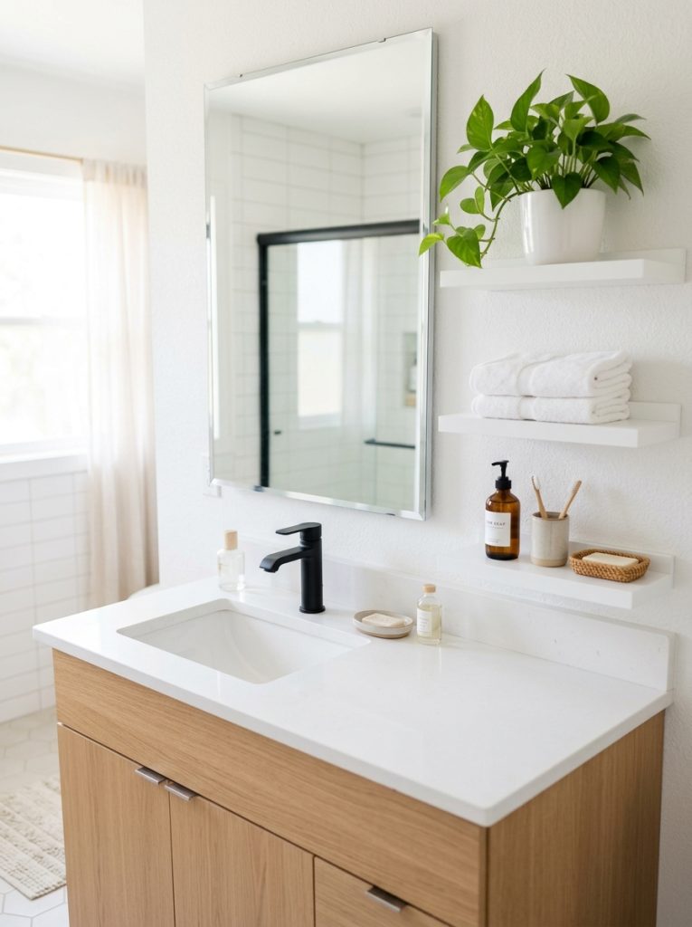 Modern bathroom decor with black fixtures white sink and green plant