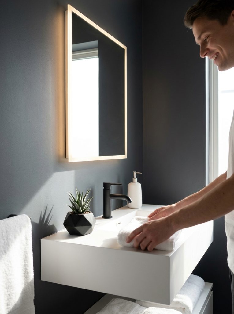 Modern black bathroom aesthetic with charcoal walls backlit mirror floating white vanity black faucet white ceramic dispenser and black geometric pot