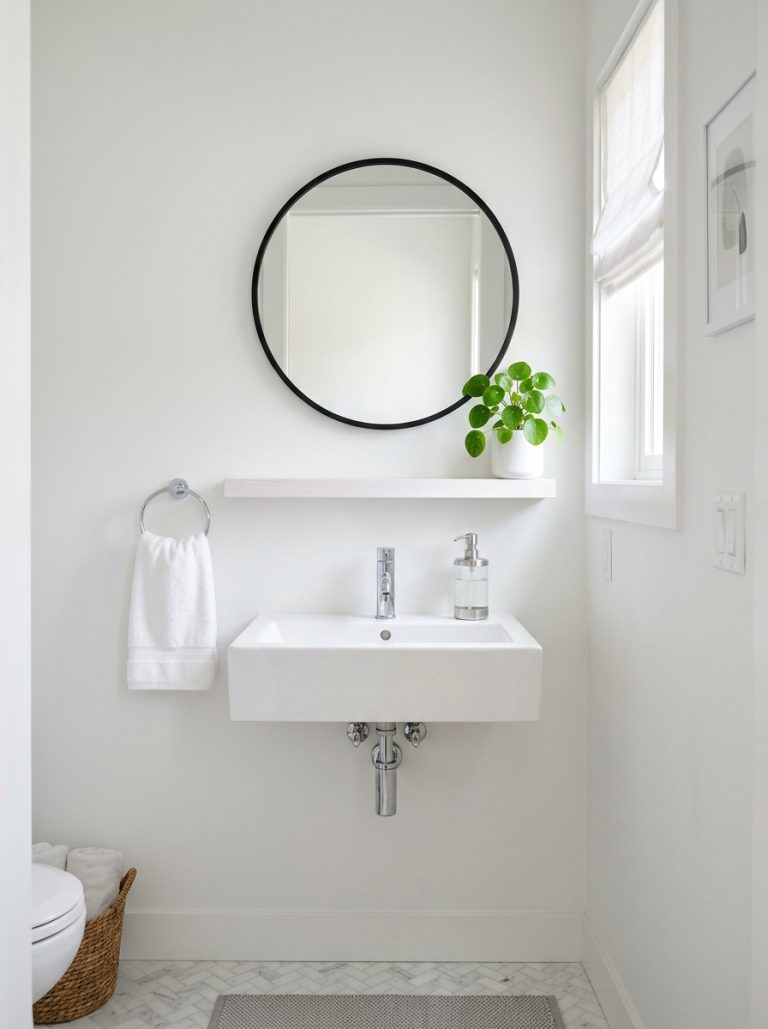 Modern half bathroom with black round mirror chrome soap dispenser and green plant