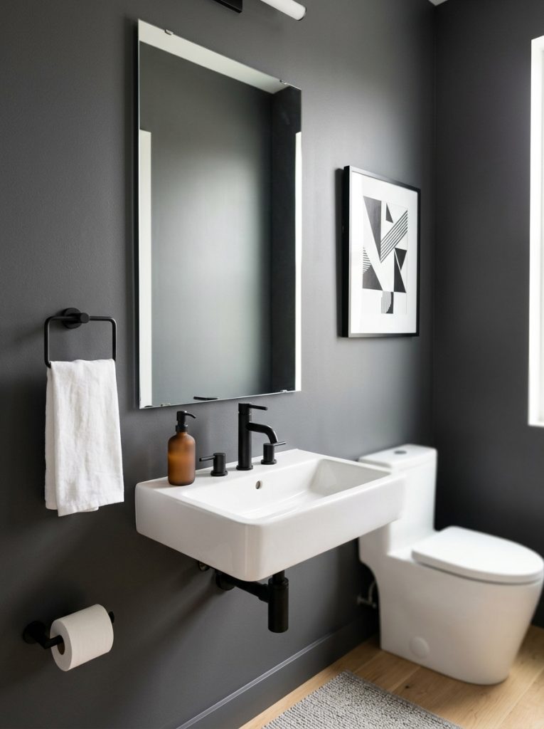 Modern half bathroom with dark walls black faucet frameless mirror and wall art