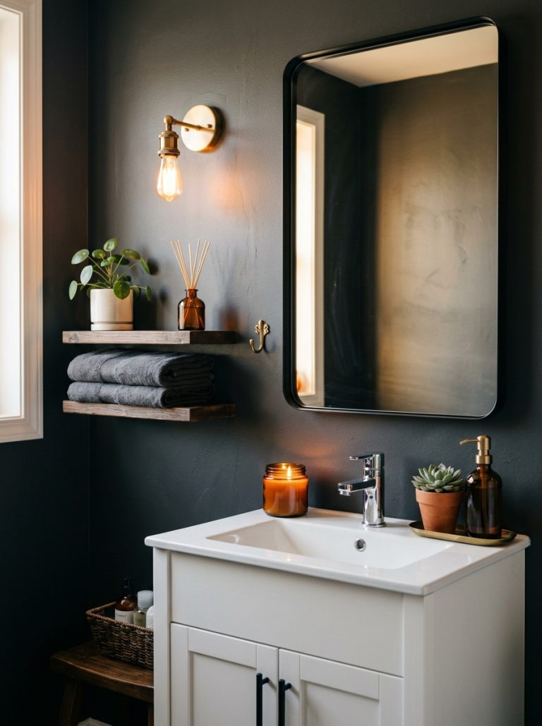 Moody bathroom with dark walls black mirror candle and wood shelf