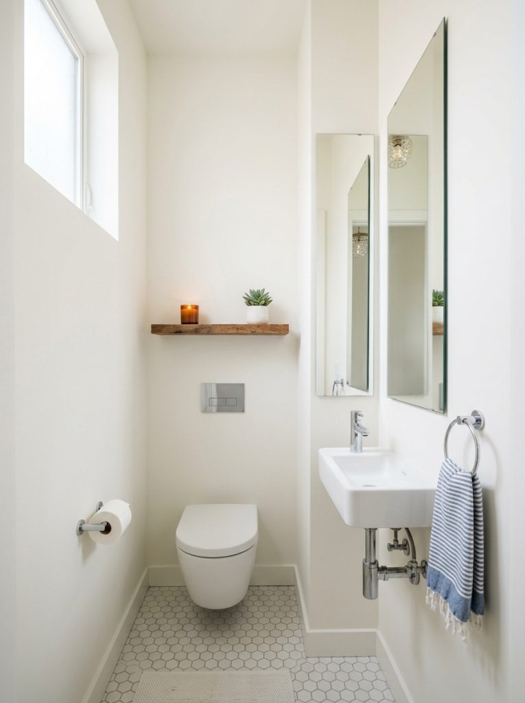 Narrow half bathroom with slim sink tall mirror wall shelf candle and small plant