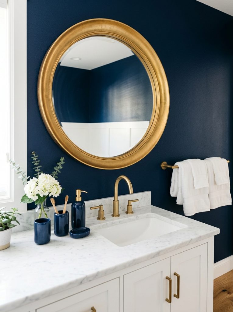 Navy blue bathroom aesthetic with deep navy walls gold mirror white sink gold fixtures navy accessories set and white luxury towels