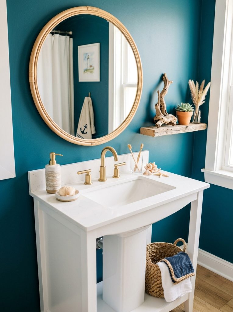 Ocean blue bathroom aesthetic with teal walls rattan mirror gold faucet coastal accessories shell soap dish and driftwood shelf