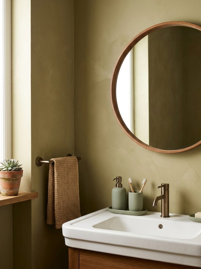 Olive green bathroom aesthetic with olive walls wood mirror bronze faucet sage accessories jute towel and terracotta succulent