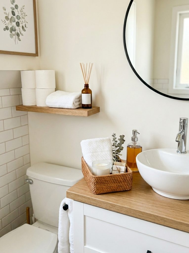 Guest bathroom organization with woven welcome basket mini soap candle folded towel narrow shelf toilet paper rolls and clear soap dispenser