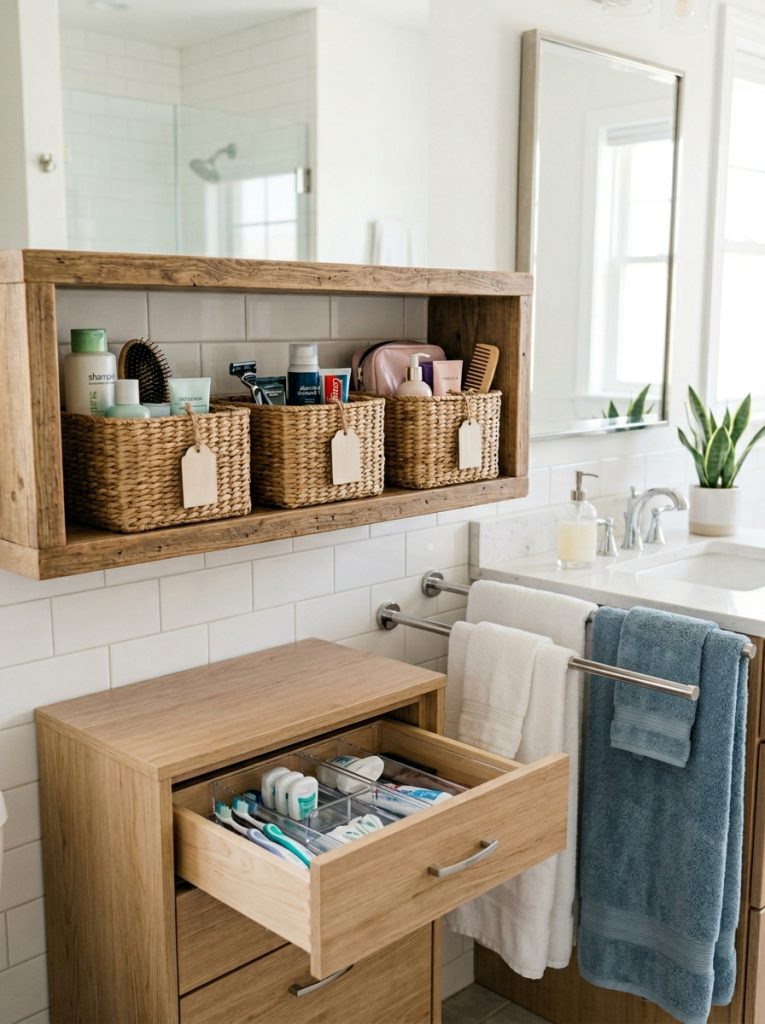 Shared bathroom organization with separate labeled baskets for each person clear drawer dividers double towel bar and two sets of colored towels