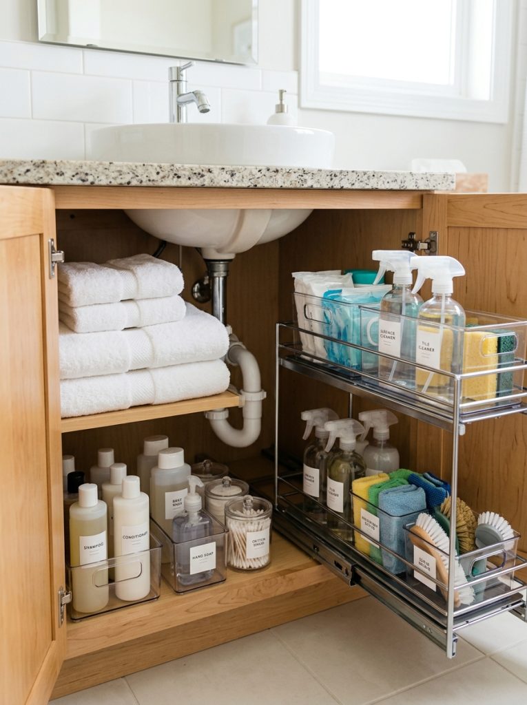 Under sink bathroom organization with pull out organizer cabinet cleaning supplies spare toiletries and neatly stacked extra towels