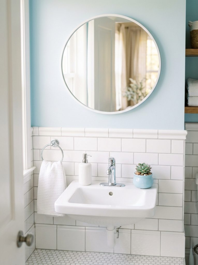 Pastel blue bathroom aesthetic with cotton blue walls white tile wainscoting white mirror chrome faucet white ceramic dispenser and pastel blue plant pot