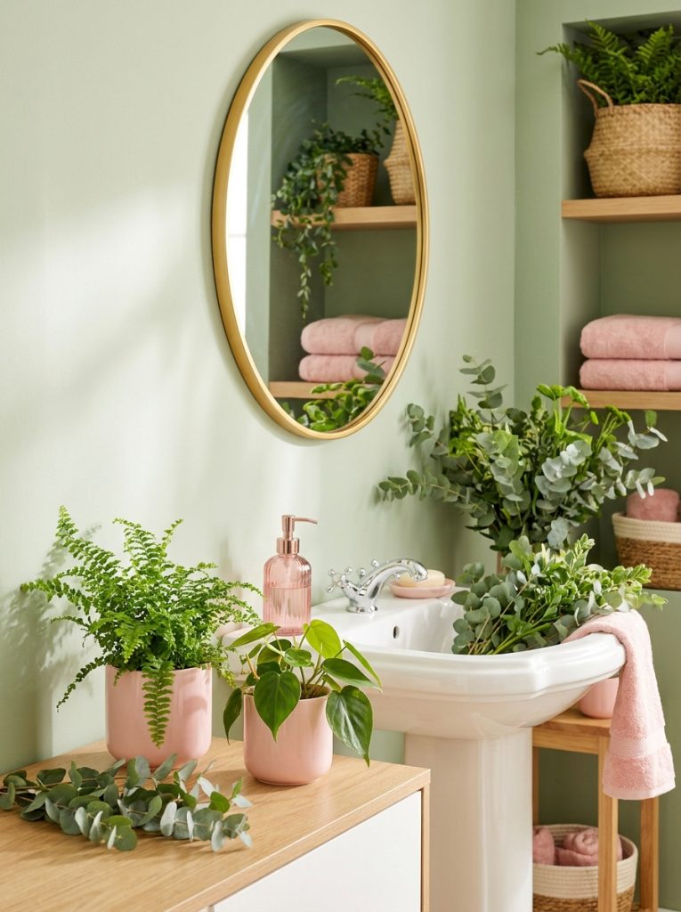 Pink and green bathroom aesthetic with sage walls gold mirror pink green plant accessories pink ceramic pots trailing plants and pink soap dispenser