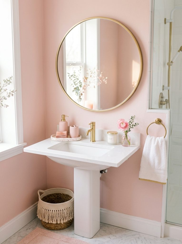  Pink bathroom aesthetic with blush walls gold mirror pink accessories set white candle and pink flower