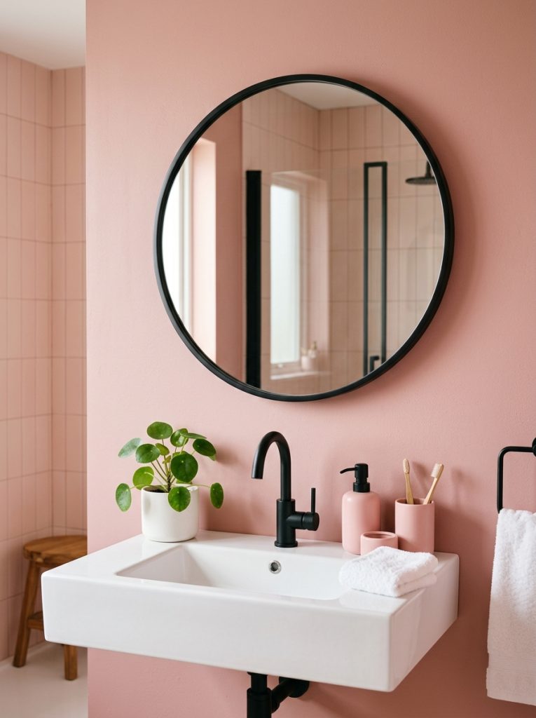 Modern pink bathroom aesthetic with dusty pink walls black mirror wall mounted sink black faucet pink accessories and small plant