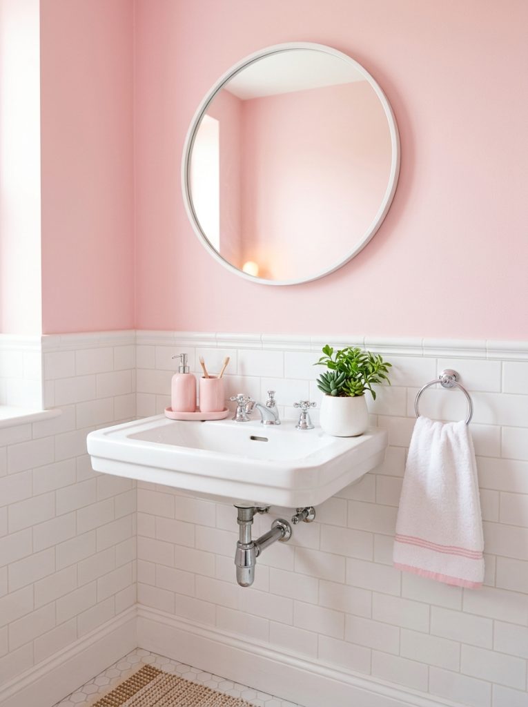 Pastel pink bathroom aesthetic with cotton candy walls white tile wainscoting white mirror chrome fixtures pale pink accessories and white plant