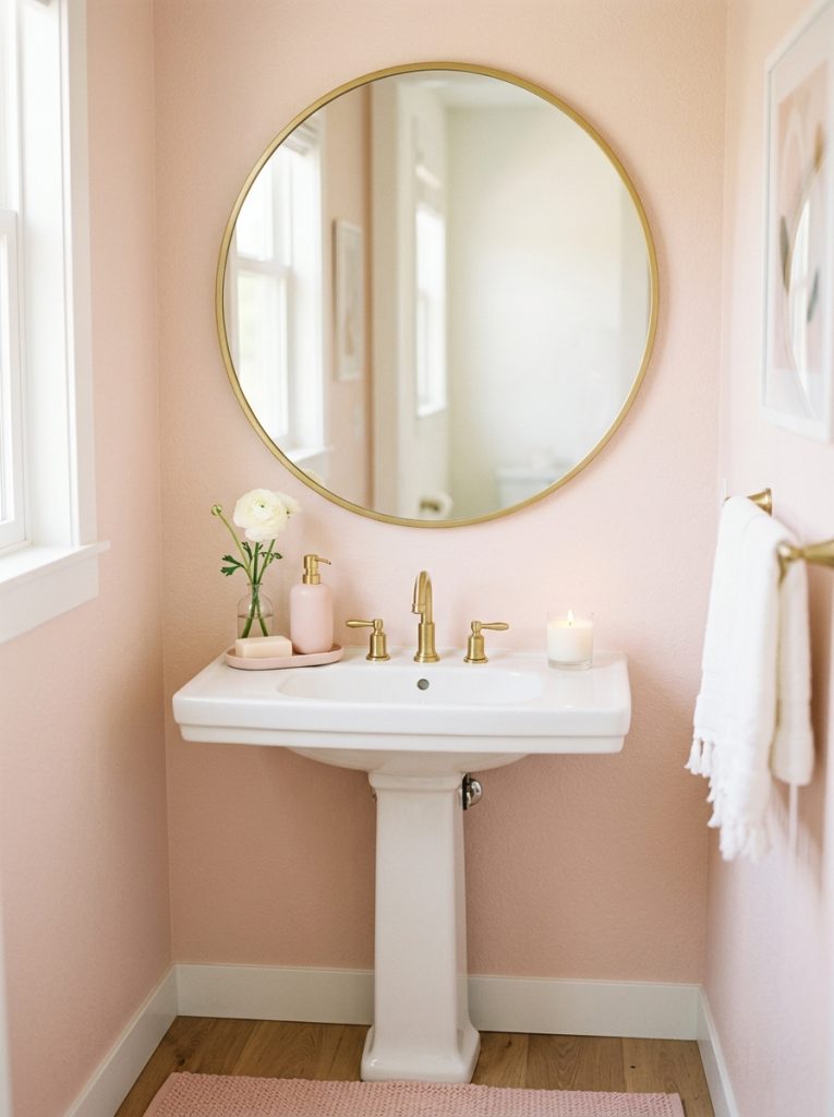 Soft pink bathroom aesthetic with pale blush walls gold mirror pink accessories set white flower and white candle