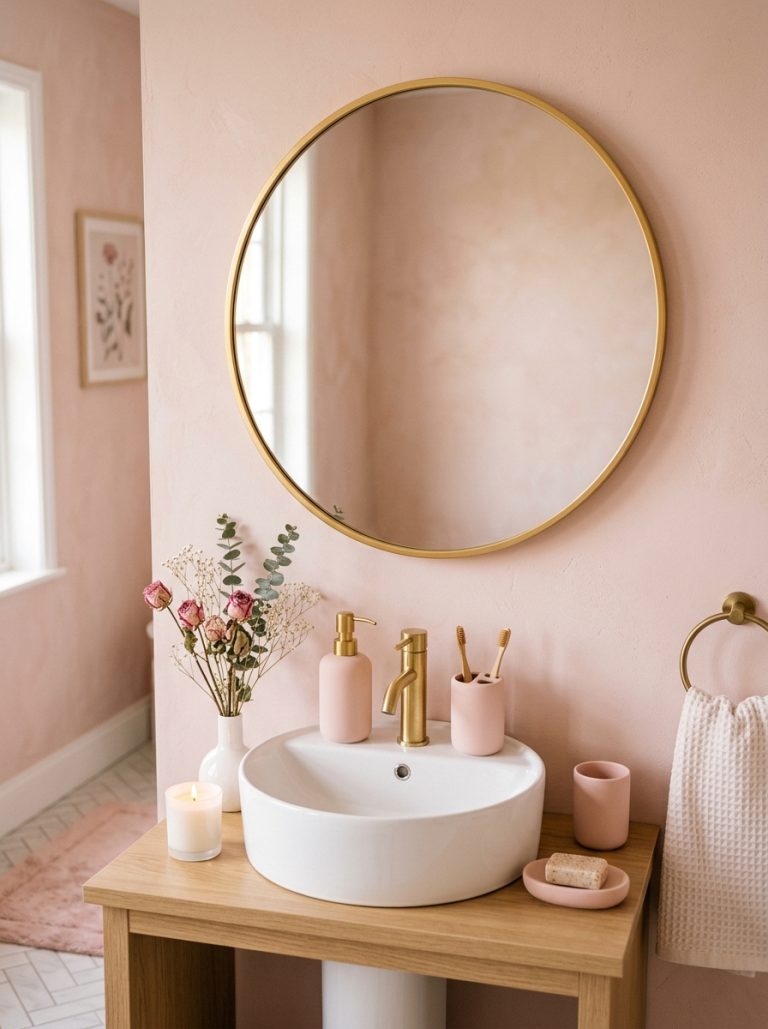 Pink bathroom aesthetic with blush walls gold mirror pink accessories set white candle and dried rose stems