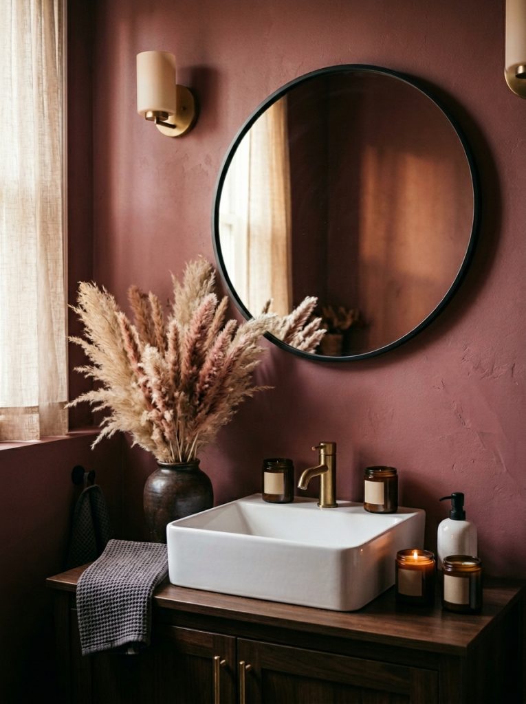 Dark pink bathroom aesthetic with dusty rose walls black mirror dark candles white ceramic dispenser and pampas grass