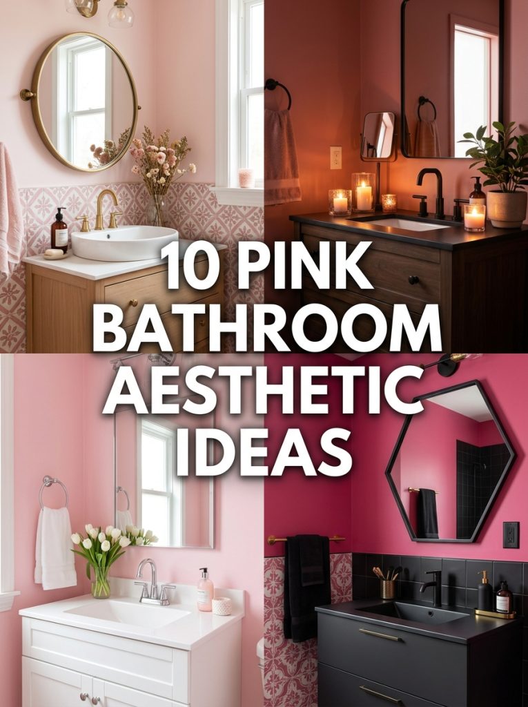  Collage of four pink bathroom aesthetic ideas with text overlay showing ten pink bathroom aesthetic ideas