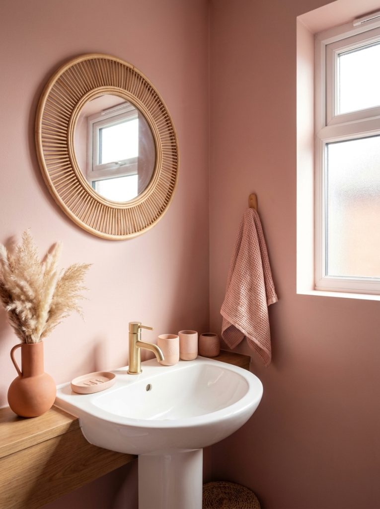 Pink boho half bathroom with dusty rose walls rattan mirror gold faucet blush ceramic accessories pampas grass and woven towel