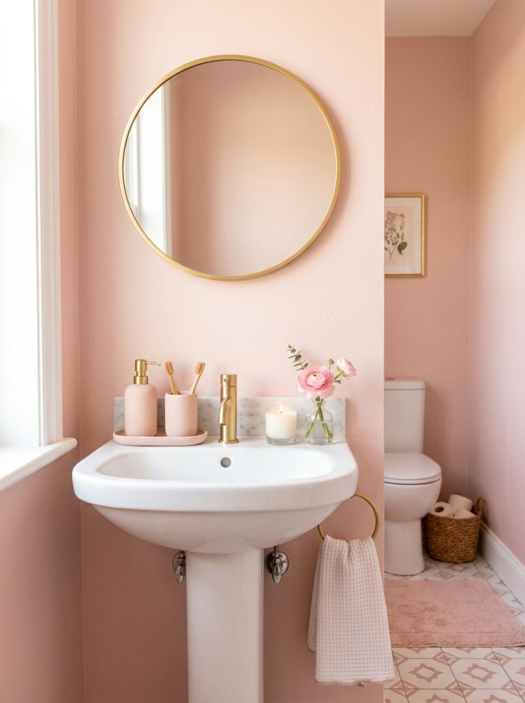 Small pink half bathroom with blush walls gold mirror pink accessories set white candle and pink flower