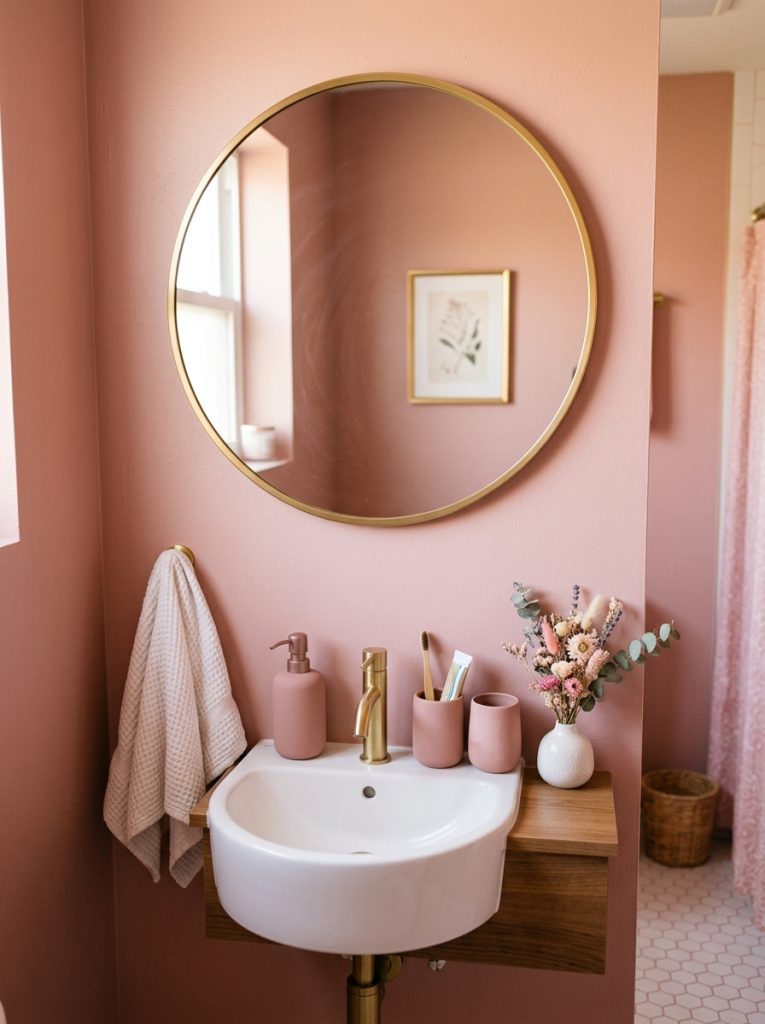 Pink small bathroom aesthetic with dusty rose walls gold mirror pink accessories set and dried flower arrangement
