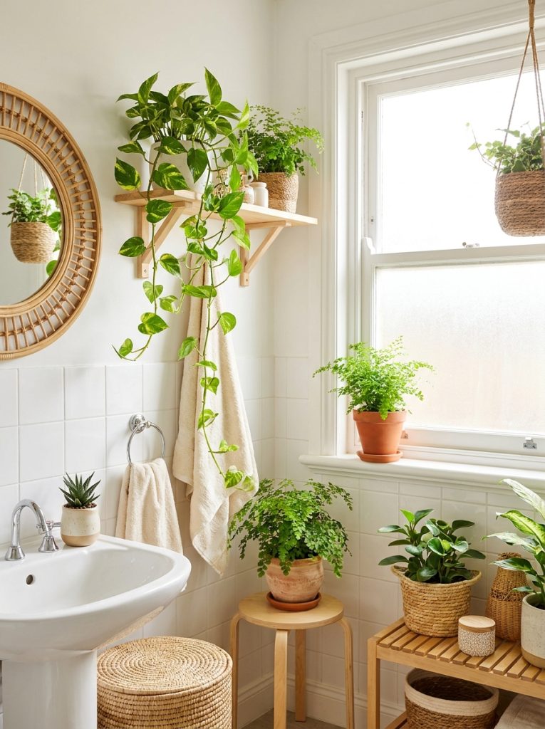 Plant bathroom aesthetic with white walls multiple plants trailing pothos fern succulent and rattan mirror