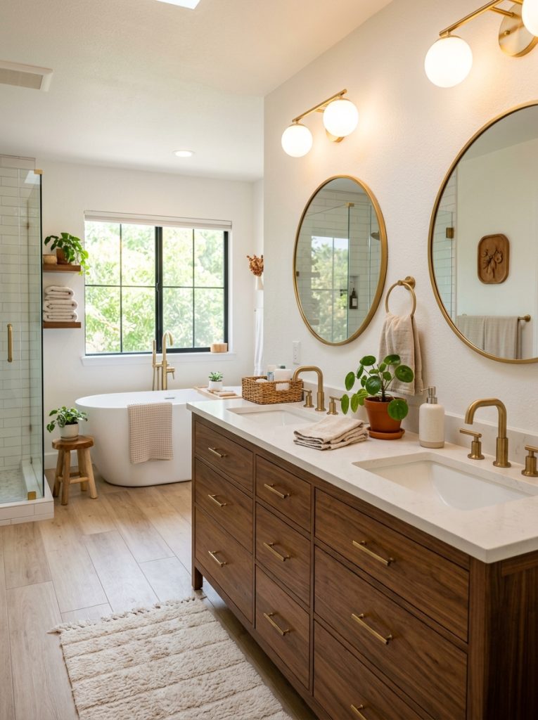 Primary bathroom remodel with double vanity wood finish round mirrors and soaking tub