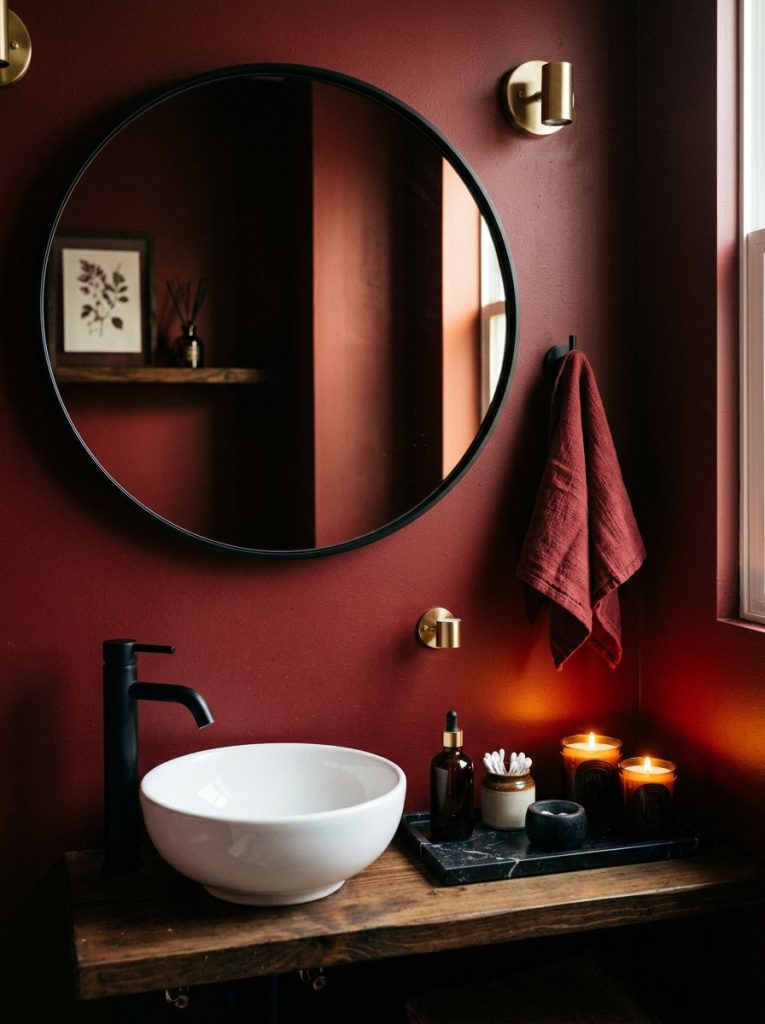 Red dark bathroom aesthetic with burgundy walls black mirror white sink dark candles and black marble vanity tray