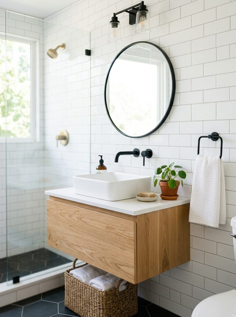 Beautifully remodeled bathroom with white tiles black faucet and wood vanity