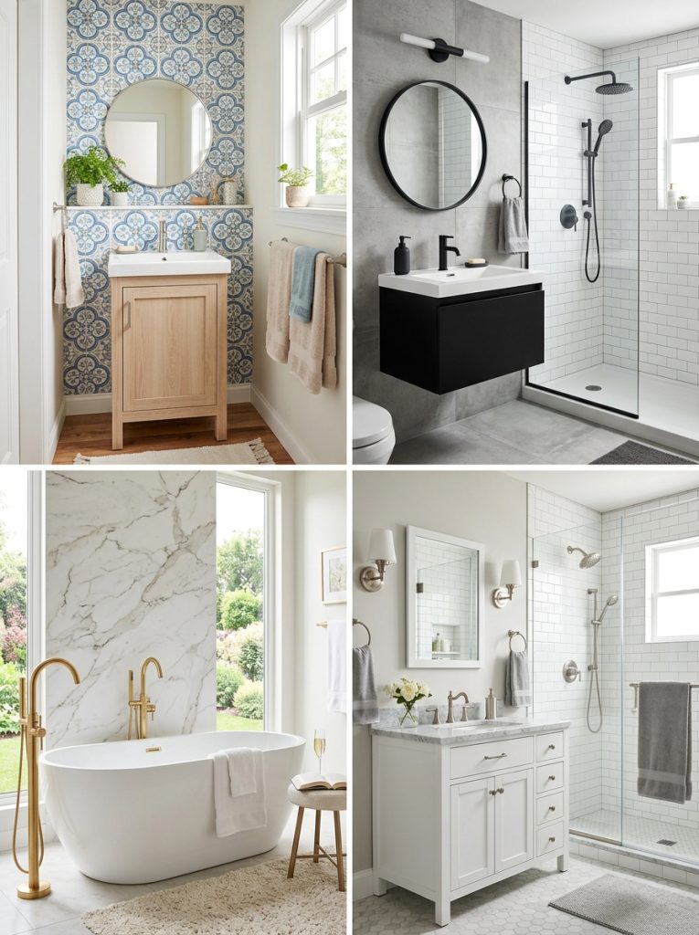 Collage of four beautiful bathroom remodel ideas for every budget and style