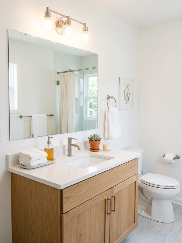 Guest bathroom remodel with brushed nickel hardware white towels and frameless mirror
