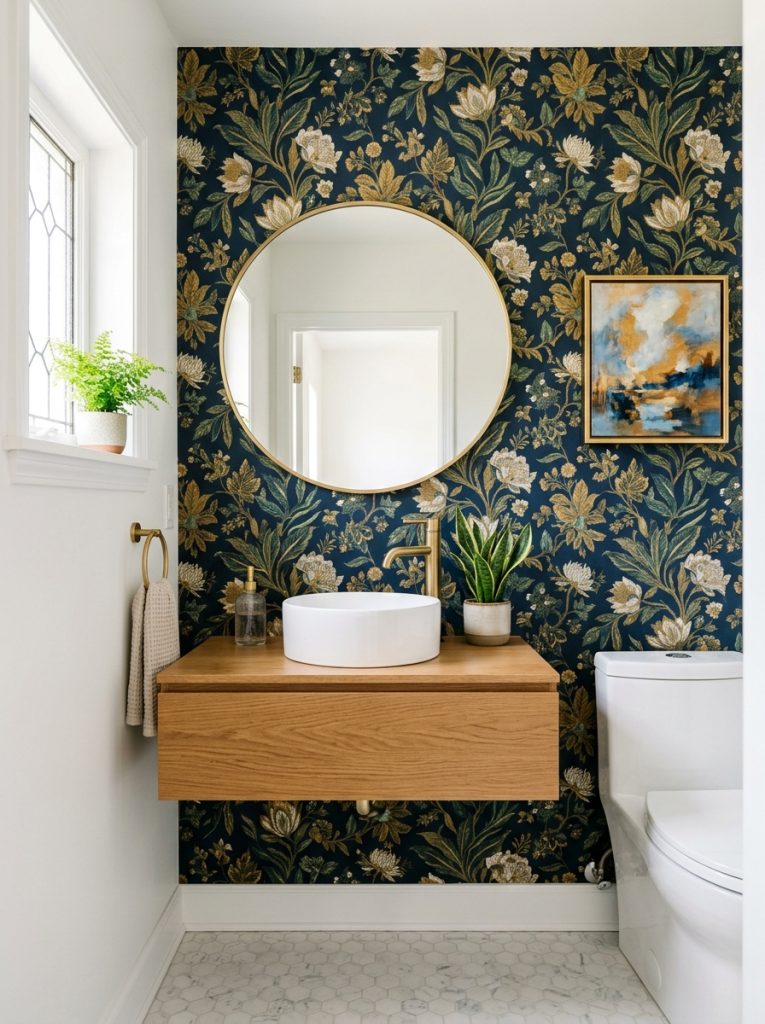 Half bathroom remodel with dark wallpaper floating vanity vessel sink and round mirror