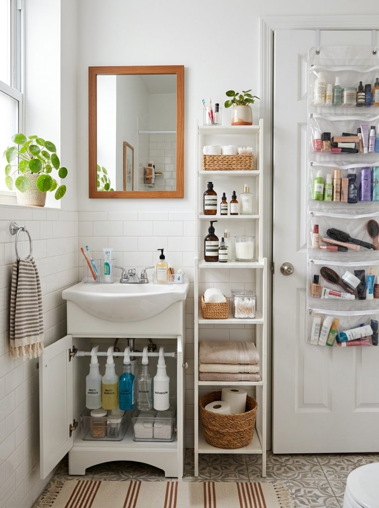  Rental small bathroom organization with freestanding slim shelf over door organizer clear pouches tension rod under sink and clear counter organizers