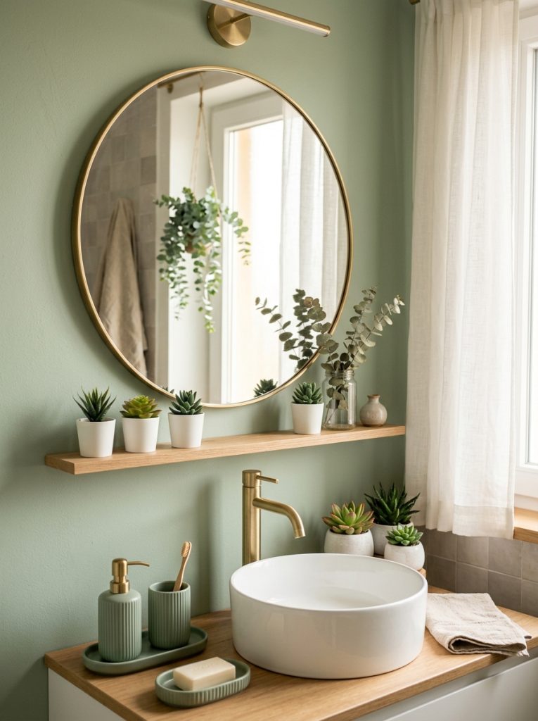 Sage green bathroom aesthetic with sage walls brass mirror sage accessories set small succulents and narrow shelf