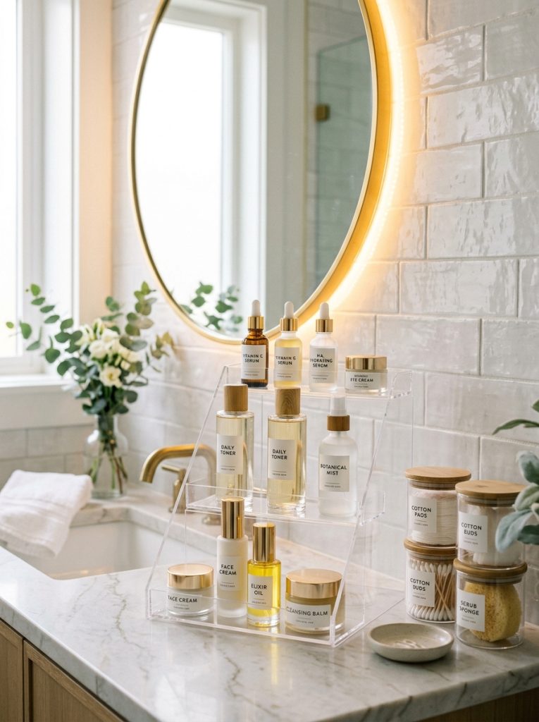 Skincare aesthetic bathroom organization with tiered clear acrylic display skincare bottles serums toners moisturizers labeled containers and round mirror with warm lighting
