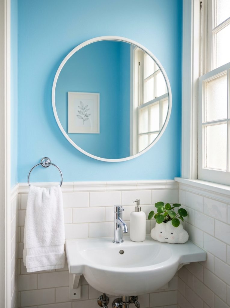 Sky blue bathroom aesthetic with sky blue walls white tile wainscoting white mirror chrome faucet ceramic set and small white plant pot