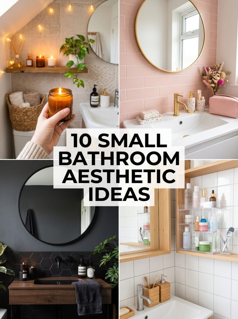 Collage of four small bathroom aesthetic ideas with text overlay showing ten small bathroom aesthetic ideas