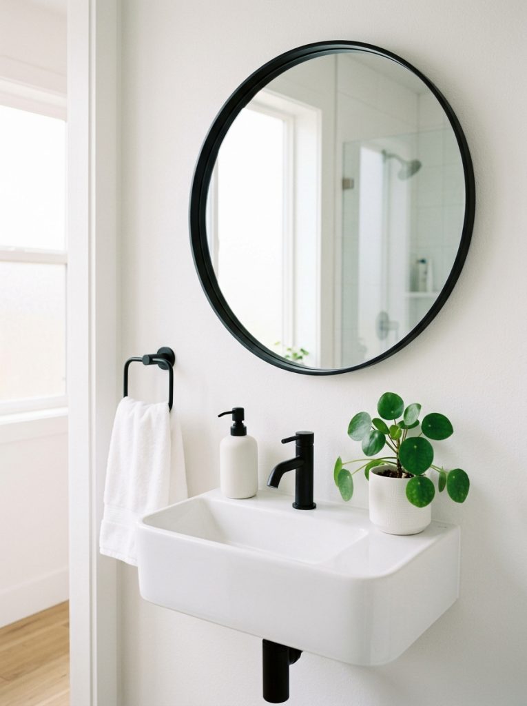 Modern small bathroom aesthetic with white walls round black mirror wall mounted sink black faucet white ceramic dispenser and small plant