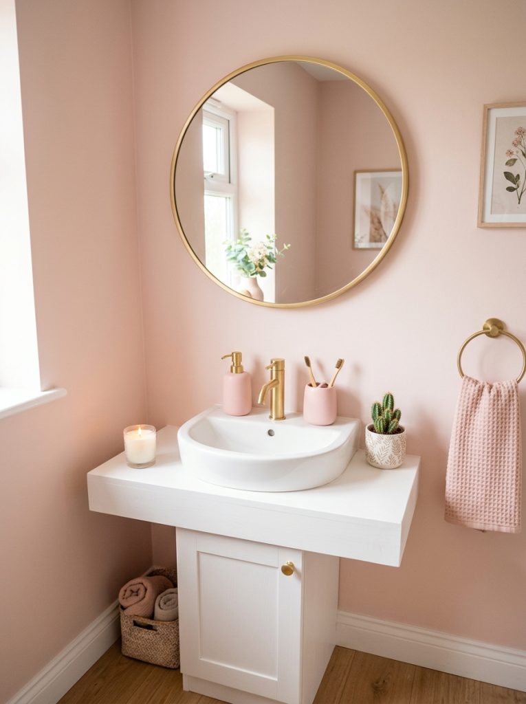 Cute small bathroom aesthetic with blush pink walls gold mirror pink accessories set white candle and tiny cactus