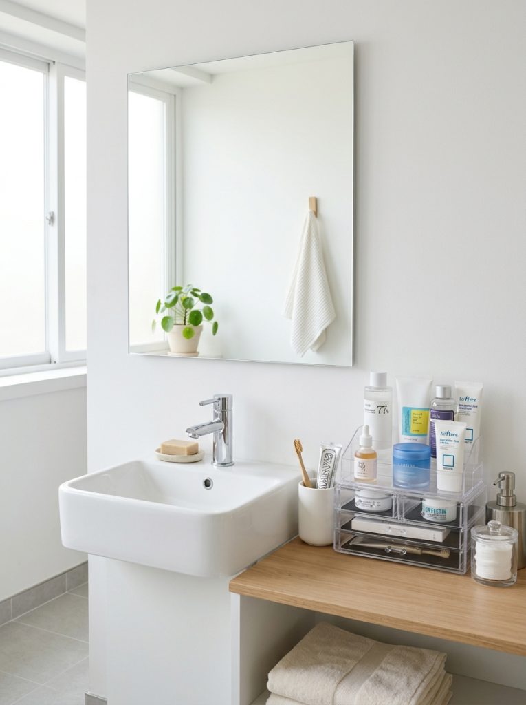 Korean small bathroom aesthetic with white walls frameless mirror organized skincare set clear acrylic containers and clean counter